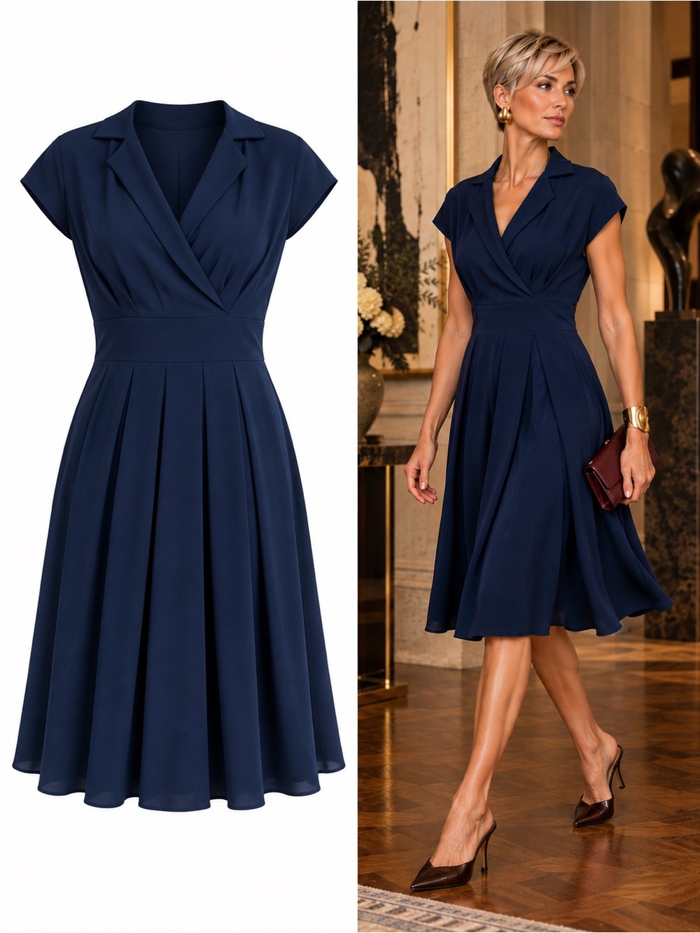 Barrie Pace NWT 100% Silk Navy Pleated Surplice Dress Size 8